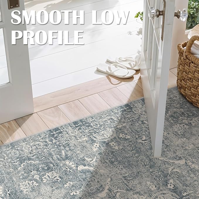 2'6"x12' Washable Hallway Runner Rug - Non Slip Kitchen Runner Rugs with Rubber Backing Vintage Low-Pile Carpet Runners for Entryway Dining Room Laundry Room Home Decor (Blue)