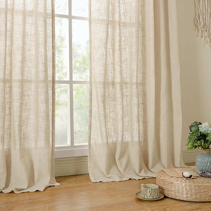 LAMIT Linen Curtains 63 Inch for Bedroom, Light Filtering Neutral Semi Sheer Window Curtains Back Tab and Rod Pocket Living Room Panels, 2 Panels, Linen, 60 x 63 Inch