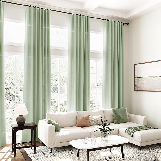 Nanspring Mist Sage Linen Curtains 108 Inches Long for Living Room Bedroom 2 Panels Set Extra Long Back Tab Curtain Light Filtering Sheer Drapes Floor to Ceiling Curtain for Large Windows 52x108