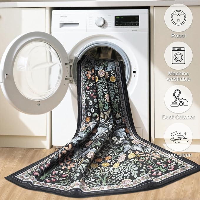 6x9 Area Rugs for Living Room: Floral Washable Rug Vintage Large Soft Boho Non-Slip Carpet Indoor Stain Resistant Thin Carpets for Bedroom Dining Room Farmhouse Nursery Hallway Home Office Dark Black
