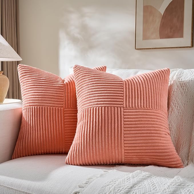 Fancy Homi 2 Packs Coral Samll Decorative Throw Pillow Covers 12x12 Inch with for Couch Bed Sofa, Rustic Farmhouse Boho Home Decor, Soft Corss Patchwork Corduroy Square Peach Cushion Case 30x30 cm