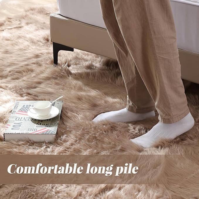 ORINOVA Beige Round Cozy 4ft Shag Rug Washable Furry Soft Area Rug for Living Room Bedroom Cute Nursery Decor Circle Carpet Faux Fur Fluffy Home Décor