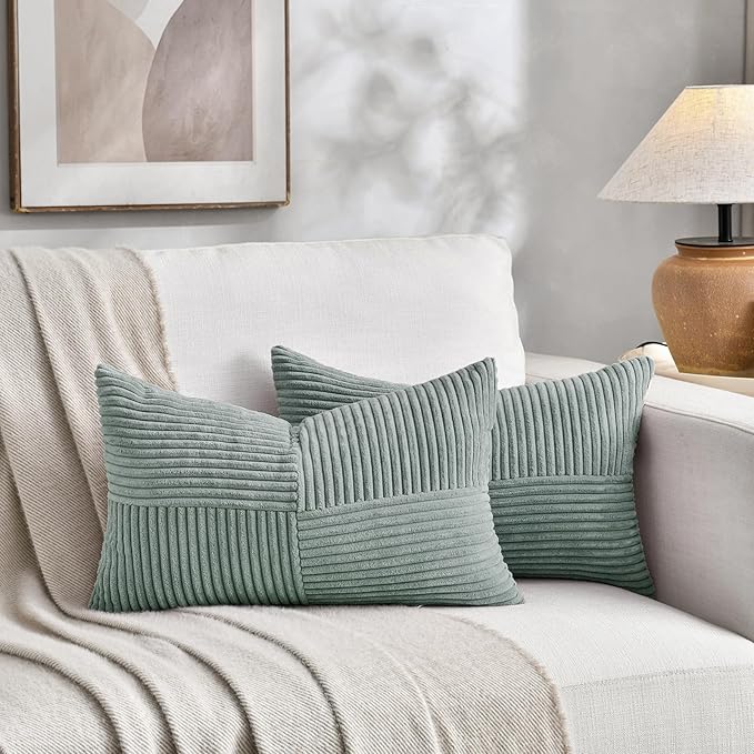 Fancy Homi 2 Packs Grey Blue Lumbar Decorative Throw Pillow Covers 16x26 Inch for Living Room Couch Bed Sofa, Farmhouse Boho Home Decor, Soft Striped Corduroy Rectangle Accent Cushion Case 65x40 cm