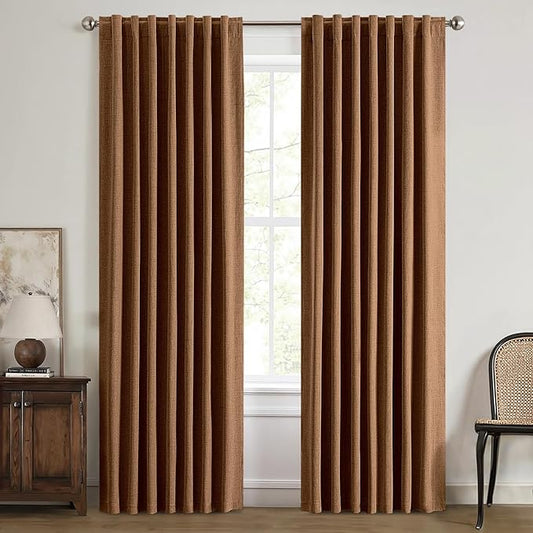 MIULEE 100% Blackout Linen Curtains for Bedroom, Brown Solid Luxury Decor Thermal Insulation Room Darkening Drapes for Living Room Nursery Back Tab Rod Pocket 42 x 90 Inches, 2 Panels