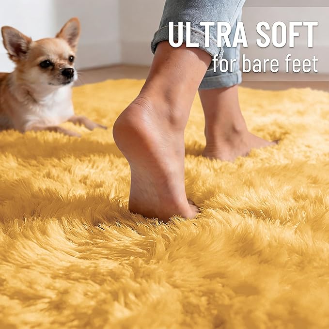 OLANLY 2x3 Machine Washable Small Bedside Rug, Soft Fluffy Shaggy Entryway Throw Rugs for Bedroom, Living Room, Indoor Floor Carpet for Kids Girls and Boys, Home Decor Aesthetic, Mustard Yellow