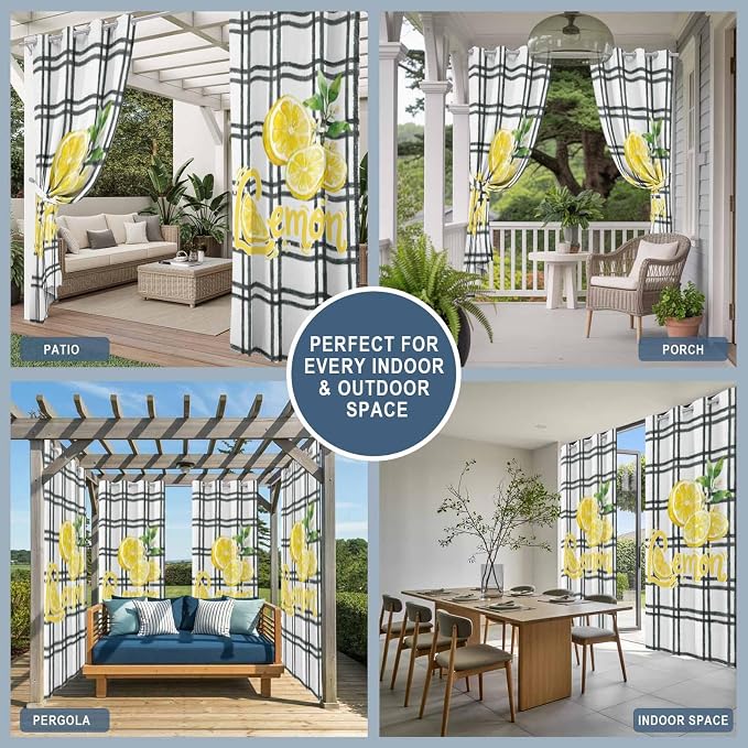 Lemon Outdoor Curtains for Patio Lemon Leaves Summer Plaid Buffalo Waterproof - Image 8