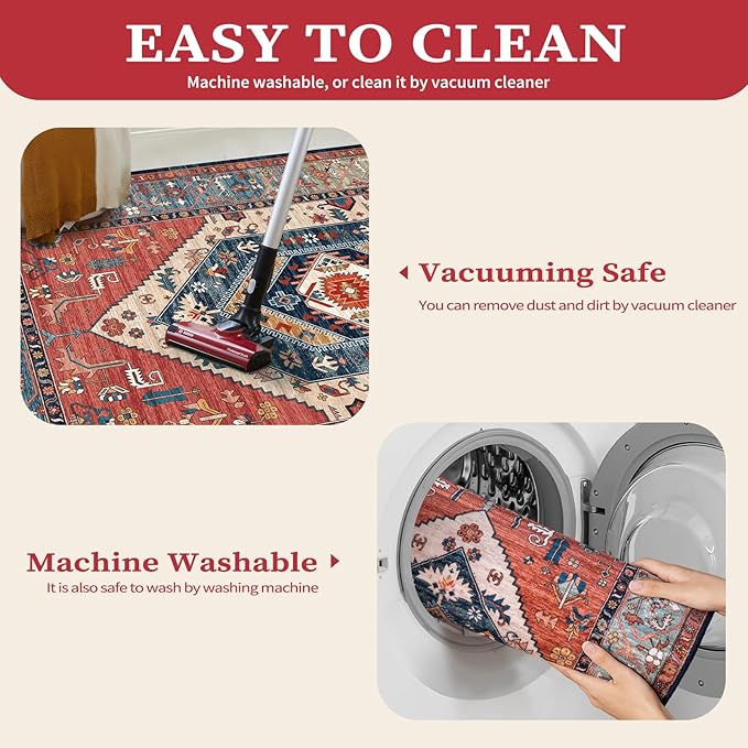 SERISSA Boho Round Area Rug, 6ft Washable Non-Slip Circle Rug, Ultra Soft Oriental Vintage Rust Low-Pile Circular Carpet for Bedroom Entryway Kids Room Office College Dorm Living Room