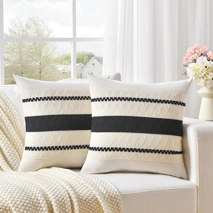 Fancy Homi Set of 1 Boho Black Decorative Throw Pillow Cover 18x18 Inch for Couch Bed Sofa, Aesthetic Modern Organic Farmhouse Home Decor, Soft Cotton Cute Accent Macrame Woven Cushion Case