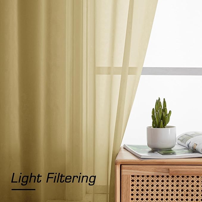 Simplebrand Gold Short Sheer Curtains 45 Inch Length for Small Windows, Rod Pocket 2 Panels Set Solid Voile Drapes Window Sheer Curtains for Bedroom Bathroom Kids Room Kitchen, 42x45 Inch, 2pcs