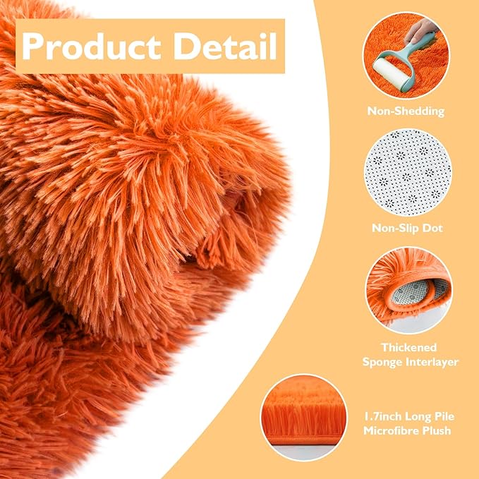 Orange Fluffy Round Rug,Soft Area Rugs for Girls Room,Shaggy Rugs 5'X5' for Living Room,Non Slip Circle Rug for Kids Bedroom,Shag Plush Nursery Carpets,Fuzzy Plush Rug for Dorm,Cute Room Decor Carpet
