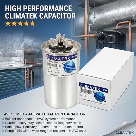 ClimaTek 45 + 7.5 MFD 370/440 Volt Dual Run Capacitor CAP99-4574R | 45/7.5 | VAC - Image 2