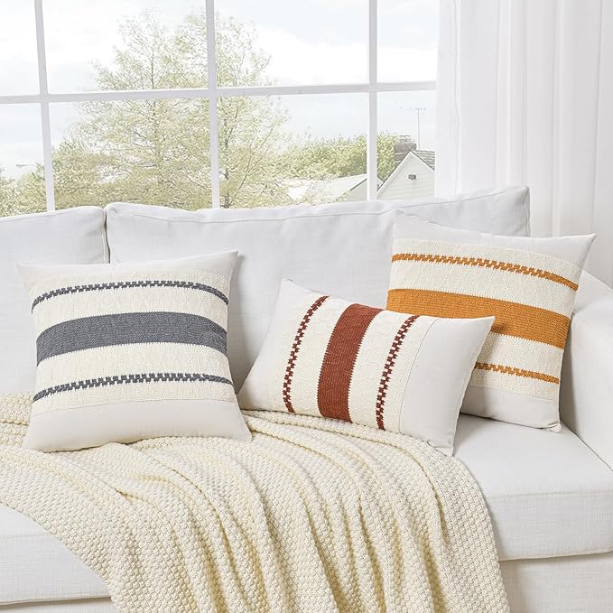 Fancy Homi Set of 1 Neutral Grey Farmhouse Big Decorative Throw Pillow Covers 24x24 Inch for Couch Bed Chair, Vintage Country Rustic Retro Room Decor, Soft Thick Cotton Handmade Woven Cushion Case
