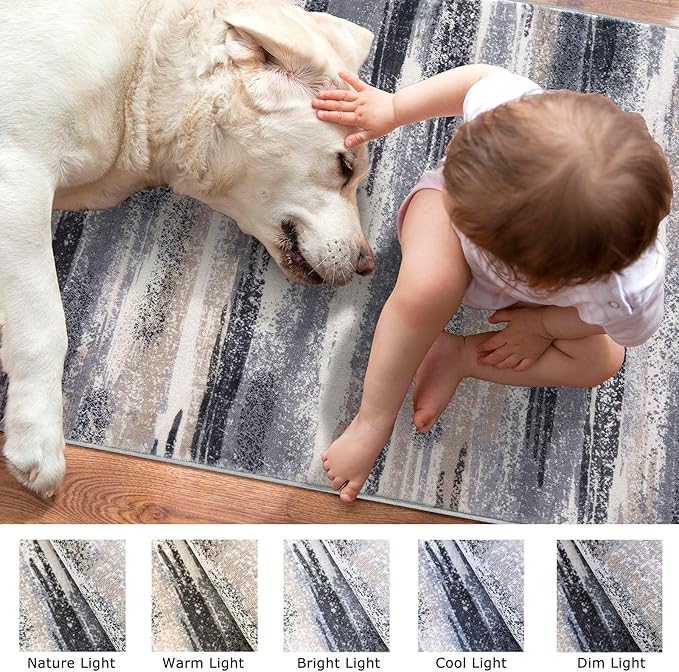 Lansny Modern Abstract 8x10 Large Machine Washable Living Room Rug Non-Slip Soft Bedroom Area Rug Grey Black Multi Ultra Thin Print Faux Wool Carpet Throw Rugs for Nursery Playroom Dining Room Indoor