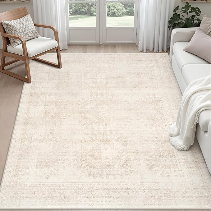 5x7 Area Rugs for Living Room: Vintage Boho Neutral Washable Rug Indoor Soft Large Area Rug Carpet for Bedroom Nursery Farmhouse Dining Room Office Floor Non-Slip Low Pile Under Table Rug Beige