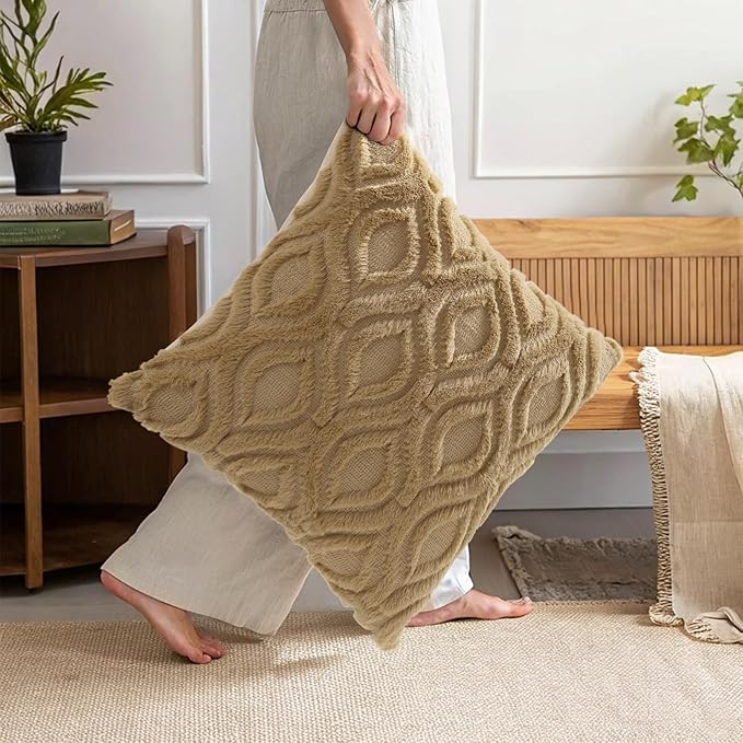 decorUhome Throw Pillow Covers 26x26 Inch Set of 2, Soft Plush Faux Wool Khaki Solid Couch Pillow Covers, Accent Euro Sham Farmhouse Neutral Square Pillow Cases for Sofa Bed Living Room