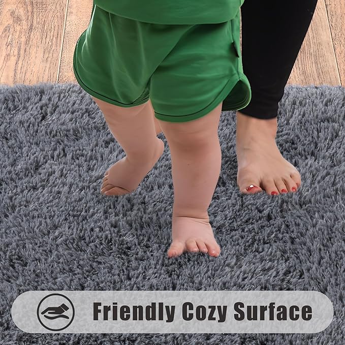Ultra Soft Runner Rugs for Bedroom Hallways with Upgraded Non-Slip Rubber Backing & Thick Memory Sponge, 2x3 Feet Fluffy Shag Throw Area Rug for Bedside Dorm Dark Grey