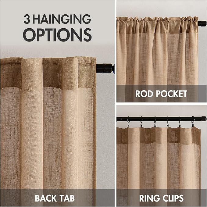 MIULEE Light Brown Linen Curtains 84 Inch Length 2 Panels for Bedroom Living Room, Soft Thick Linen Textured Natural Window Drapes Semi Sheer Light Filtering Back Tab Rod Pocket Burlap Look Decor