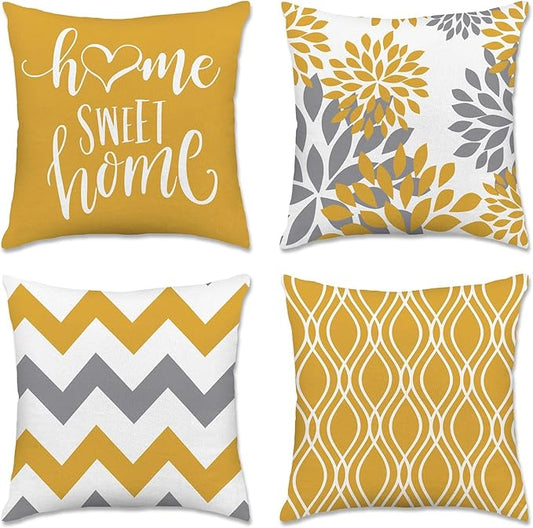 Hexagram Geometric Yellow Pillow Covers 16x16 Set of 4, Decorative Outdoor Boho Modern Throw Pillow Covers, Home Sweet Home Farmhouse Cushion Case for Couch Sofa Bedroom Indoor Decor(No Insert)