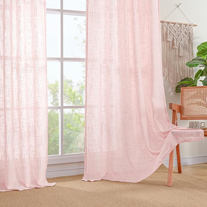 LAMIT 95 Inches Long Pink Linen Curtains for Living Room, Back Tab and Rod Pocket Semi Sheer Curtains Light Filtering Farmhouse Drapes for Bedroom/Dining Room, Set of 2, 52 x 95 Inch