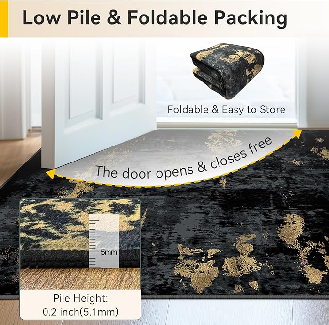 Washable Area Rugs 2'x6' Non-Slip Modern Abstract Soft for Living Room Entryway Bedroom Nursery, Print Pattern, Dark Black Gold