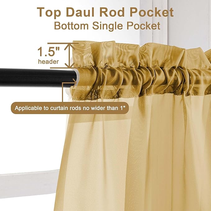 Chyhomenyc Gold Sheer Curtains 84 Inches Long 2 Panels, Light Filtering Gold Curtains for Living Room, Soft Gentle Voile Rod Pocket Bedroom Window Drapes, 59Wx84L Inch, 2PCS