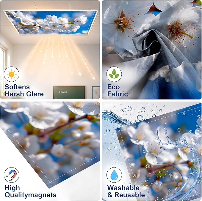 2 Pack White Cherry Blossom Decorative Ceiling Light Covers, Magnetic 4x2 Ft - Image 3