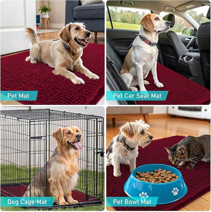 OLANLY Dog Door Mat for Muddy Paws 35x24, Absorbs Moisture and Dirt, Absorbent Non-Slip Washable Doormat, Quick Dry Chenille Mud Mat for Dogs, Entry Indoor Entryway Carpet for Inside Floor, Burgundy