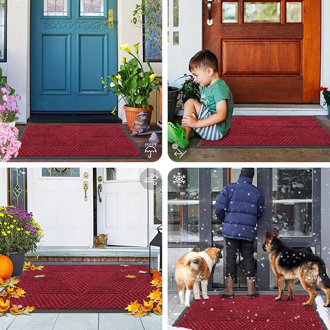 Smiry Front Door Mat Outside Entrance, Heavy Duty Sturdy Natural Rubber Doormat, Trap Dirt and Moisture, Easy Clean Low Profile Welcome Floor Mats for Indoor Outdoor Entry, 71x23 Inch, Wine Red