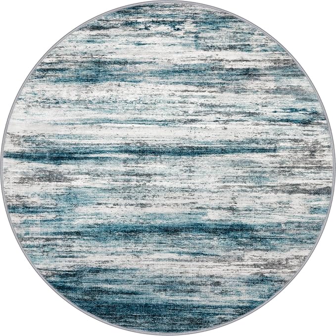 KOZYFLY Abstract Round Washable Rug 3Ft, Modern Kitchen Non-Slip Soft Small Bathroom Circle Rug, Blue Striped Entryway Rugs Print Faux Wool Doormat for Bedside Entrance Bedroom Sink