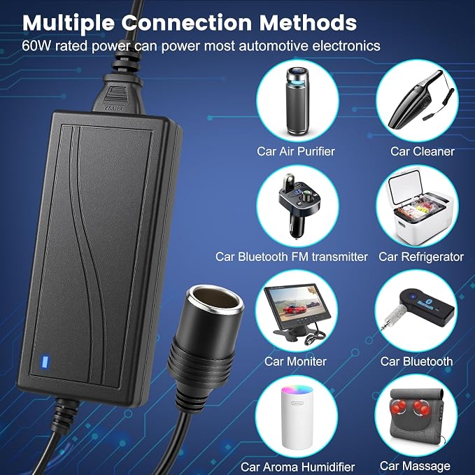 110V AC to DC 12V Converter 5A 60W, Cigarette Lighter Adapter to Wall Plug - Image 3