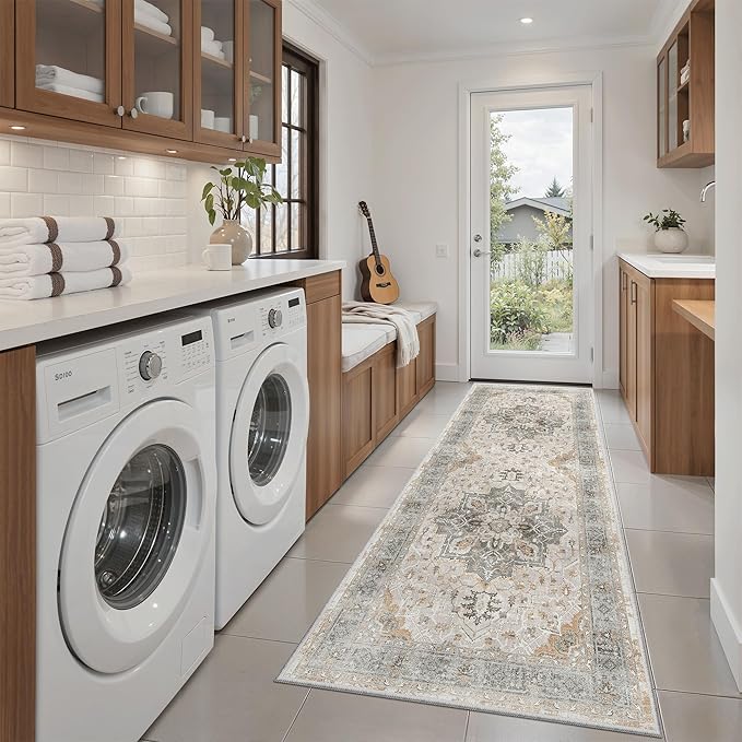 Madane Washable Runner Rug - 2x6 Rug Runners for Hallways 6 Foot Non Slip Vintage Kitchen Runner Rug Ultra-Thin Bathroom Runner Rugs Carpet Laundry Room Bedroom (2x6ft, Light Taupe Brown)