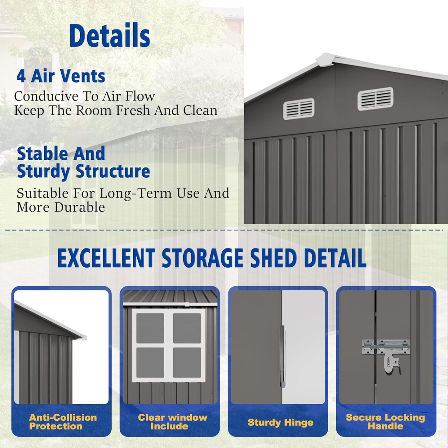 10 x 8 FT Large Outdoor Storage Shed w/Lockable Door, Heavy Duty Metal Garden Sheds with Clear Window and Air Vents, Waterproof Tool House for Bicycles, Tools, Backyards, Patios, Lawns, Gray