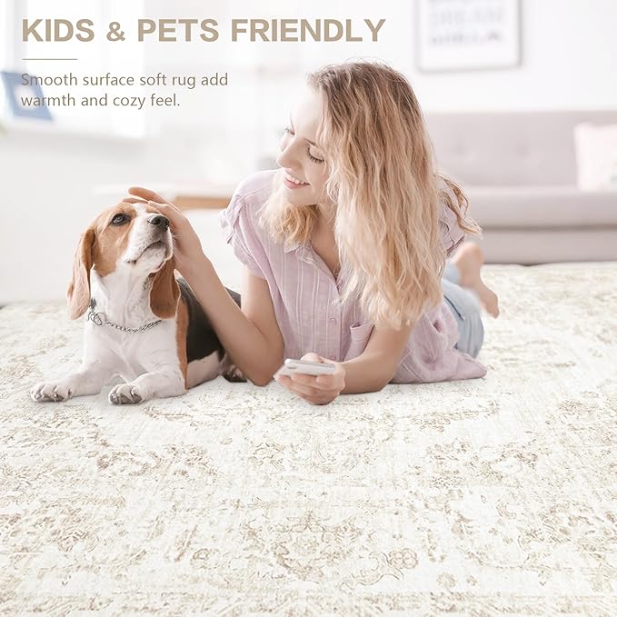 10x14 Area Rugs for Living Room: Washable Rug Vintage Large Rugs Soft Non Slip Low Pile Rug Floral Distressed Floor Carpet for Bedroom Nursery Dining Room Home Office (Beige,10'x14')