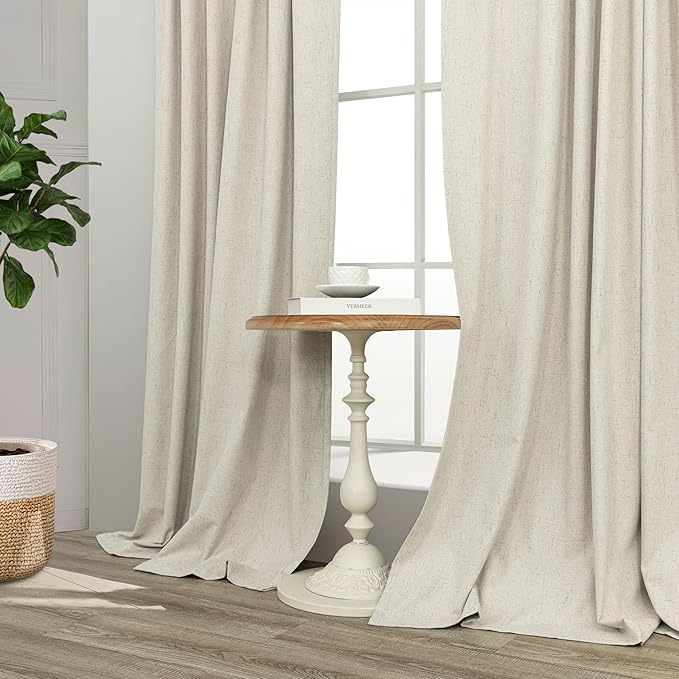 Thick Linen Blackout Curtains 104 Inches Long 2 Panel Set Custom Length Decorative Black Out Heat Draft Blocking Neutral Burlap Large Window Drape for Home Office Living Room Dining Area Bedroom Beige