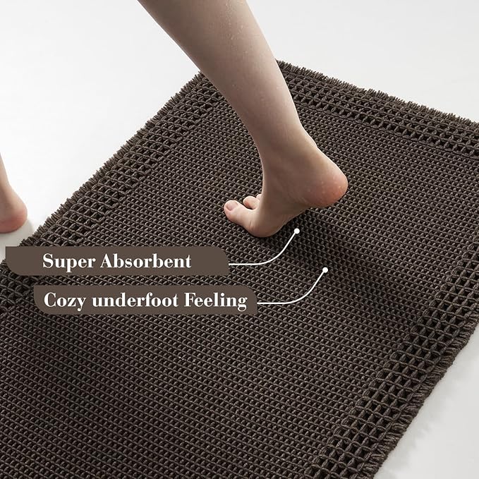 RESARE Waffle Bath Mat for Bathroom, Super Absorbent Bathroom Rugs Non Slip Machine Washable, Ultra Soft Quick Dry Boho Bath Rugs with Tassels for Floor, Upgraded Bordered Design, 24"x36" Chocolate