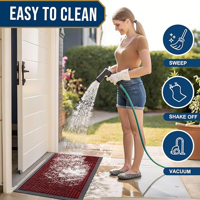 Smiry Front Door Mat Outside Entrance, Heavy Duty Sturdy Natural Rubber Doormat, Trap Dirt and Moisture, Easy Clean Low Profile Mats for Indoor Outdoor Entry, Irregular Triangle (47x32, Deep Red)