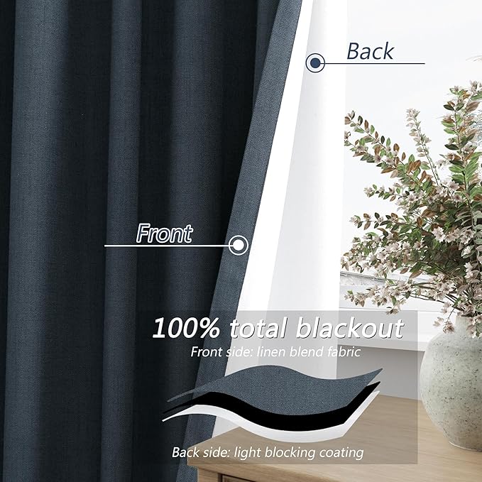 Guken 100% Blackout Linen Curtains 120 Inch Length 2 Panels Set for Living Room Bedroom Back Tab Thermal Insulated Black Out Linen Drapes Room Darkening Window Curtains,Vintage Blue