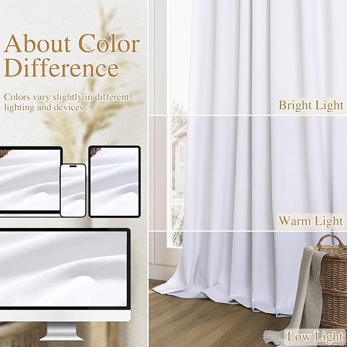 Guken White 100% Blackout Linen Curtains 54 Inch Length 2 Panels Set for Living Room Bedroom Back Tab Thermal Insulated Black Out Linen Drapes Room Darkening Window Curtains