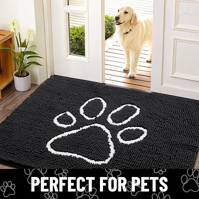 Smiry Dog Door Mat for Muddy Paws, Absorbent Dirt Trapper Non Slip Quick Dry Washable Chenille Mat for Mud Dogs, Entry Rug for Indoor and Outdoor (59x32 Inches, Black and White)