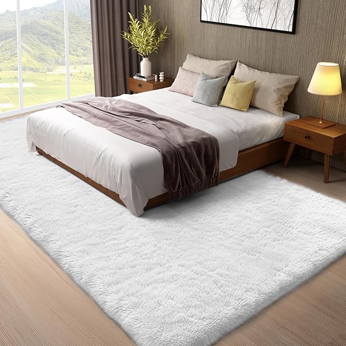 Ophanie 8x10 White Area Rugs for Living Room, Large Shag Bedroom Carpet, Big Indoor Thick Soft Nursery Rug, Ivory Carpets for Boy and Girls Room Dorm Home Decor Aesthetic