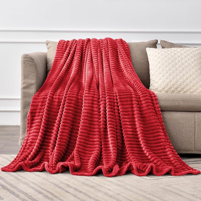 BEDELITE Fleece Blanket Twin Size – 3D Ribbed Jacquard Soft and Warm Decorative Fuzzy Blankets – Cozy, Fluffy, Plush Lightweight Throw Blankets for Couch, Bed, Sofa(Red, 60x80 inches)