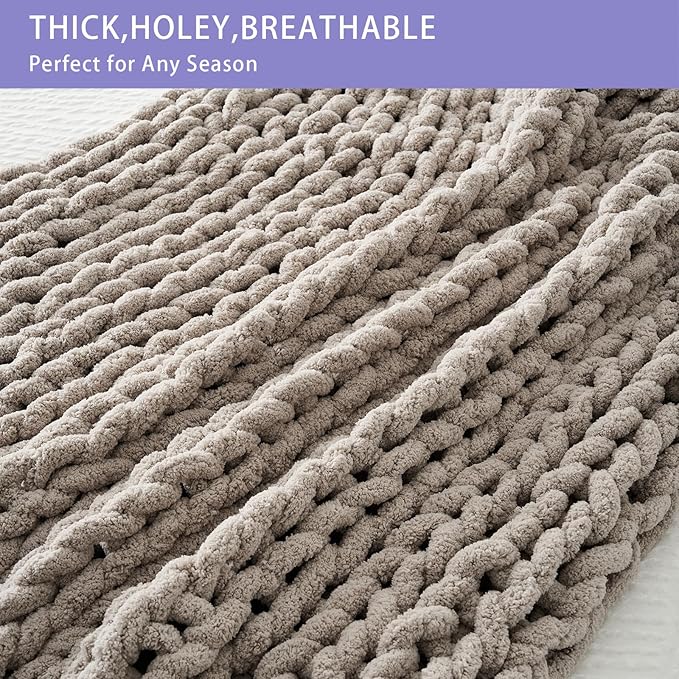 Bigacogo Chunky Knit Throw Blanket for Couch, 40x40 inches, 100% Hand Knitted with Thick Jumbo Chenille Yarn, Cozy Soft Large Rope Knot Cable Crochet Blankets for Sofa Bed Living Room, Taupe