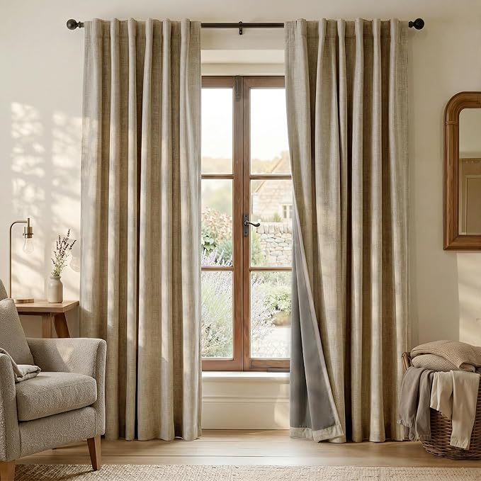 RYB HOME Linen Textured 100% Blackout Curtains for Bedroom, Insulating Energy Saving Window Curtains for Living Room Dining Patio Sliding Glass Door, Wide 52 x Long 90 inch, Burlap, 2 Panels