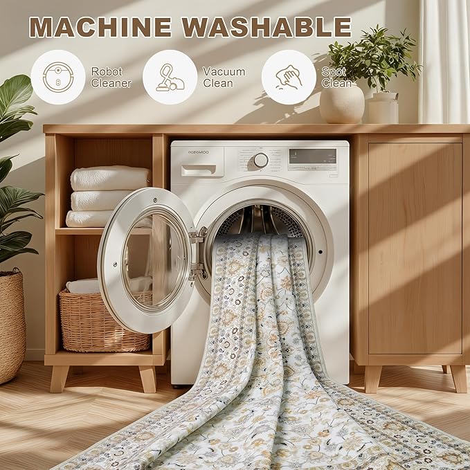 8x10 Area Rugs for Living Room: Washable Rug Soft Vintage Boho Carpet Indoor Floor Non-Slip Stain Resistant Floral Large Carpets for Bedroom Dining Room Farmhouse Nursery Home Office Beige