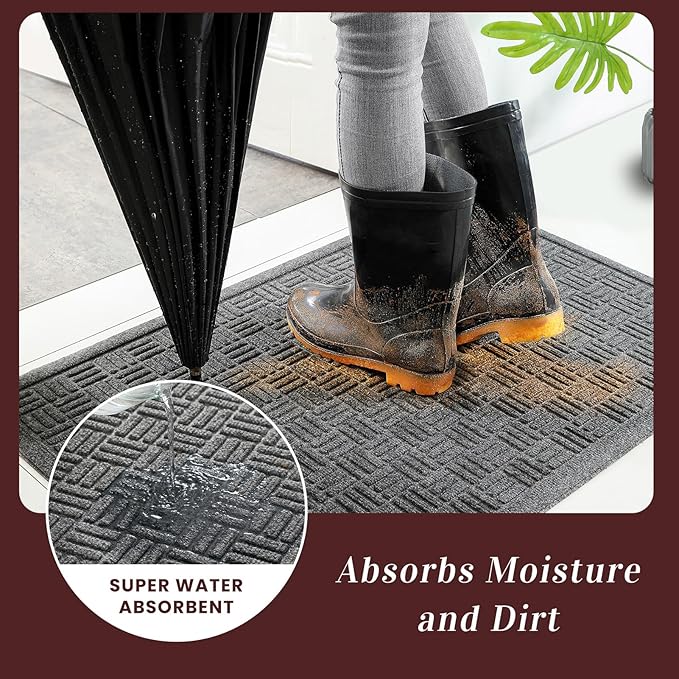 Mibao Front Door Mat Indoor Outdoor Entrance, Dirt Trapping Waterproof All-Season, All-Weather Doormat, Non-Slip Durable Natural Rubber Low Profile Easy Clean Patio Entrance Mat, 36" x 24", Grey