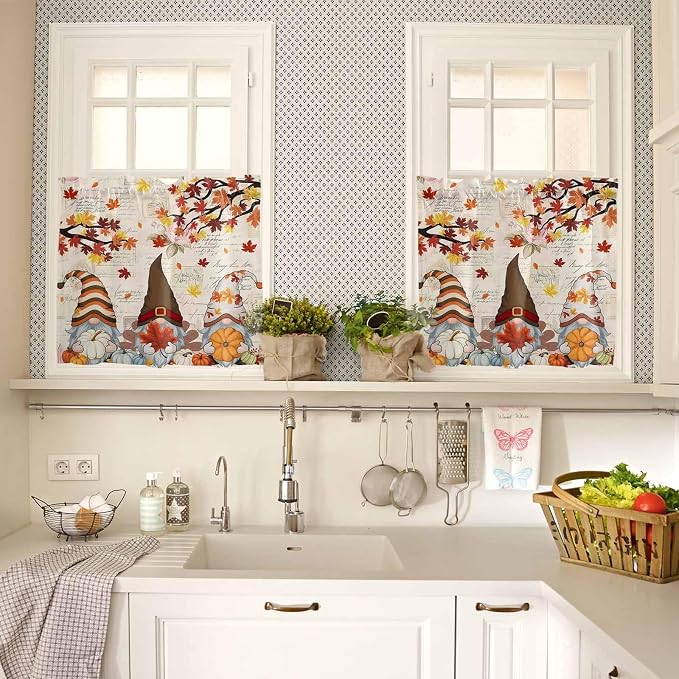 Fall Gnomes Kitchen Curtain Set, Thanksgiving Maple Leaf Rustic Pumpkin Window - Image 4
