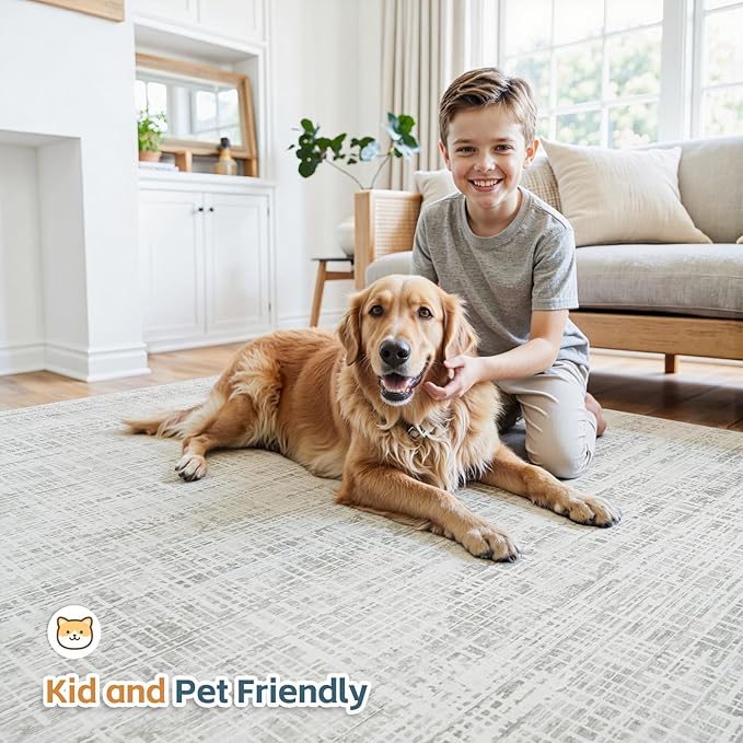 10x14 Area Rugs for Living Room Washable Rug: Anti-Skid Abstract Modern Living Room Rug Soft Thin Carpets Indoor Floor Non-Shedding Carpet for Bedroom Dining Farmhouse Nursery Home Office White Gray