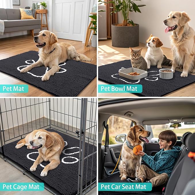 Smiry Dog Door Mat for Muddy Paws, Absorbent Dirt Trapper Non Slip Quick Dry Washable Chenille Mat for Mud Dogs, Entry Rug for Indoor and Outdoor (54x24 Inches, Black and White)