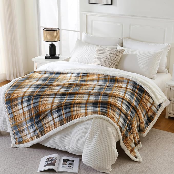 PU MEI Sherpa Blanket Queen Plaid Thick Bed Blanket, 80”*90” Super Soft Flannel Fuzzy Fleece Reversible Velvet Plush Warm Blanket for Couch (Blue Yellow Check)