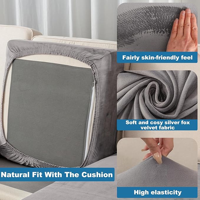 Couch Cover Stretch Velvet Sofa Cushion Cover 3-Piece - Elastic Washable Slipcover for Seat or Backrest, Couch Seat Covers for Sofas (Grey)